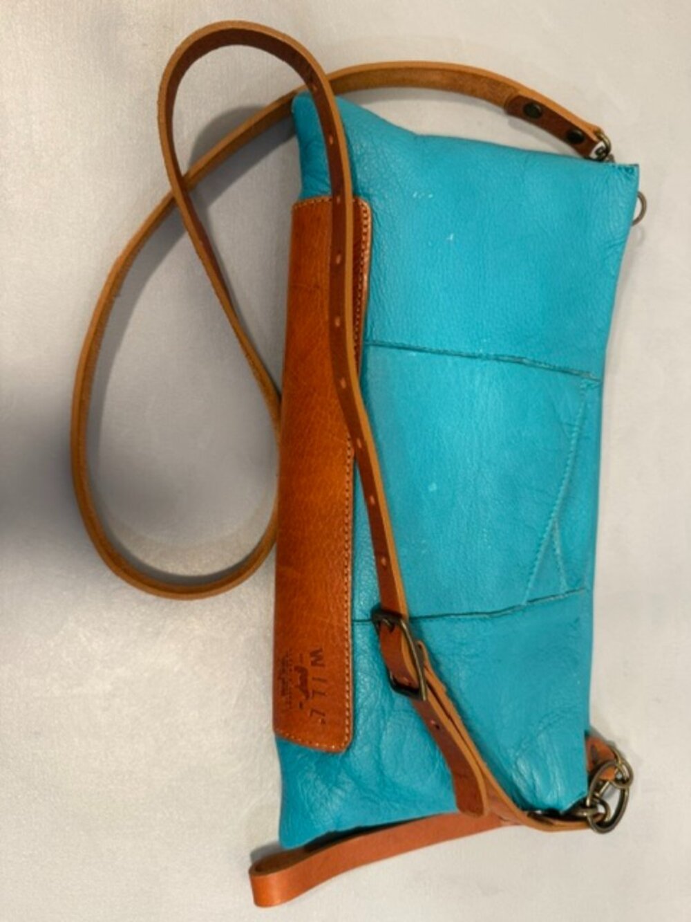 WILL Leather Goods Teal Turquoise Pebbled Leather Crossbody Bag Saddle Tan